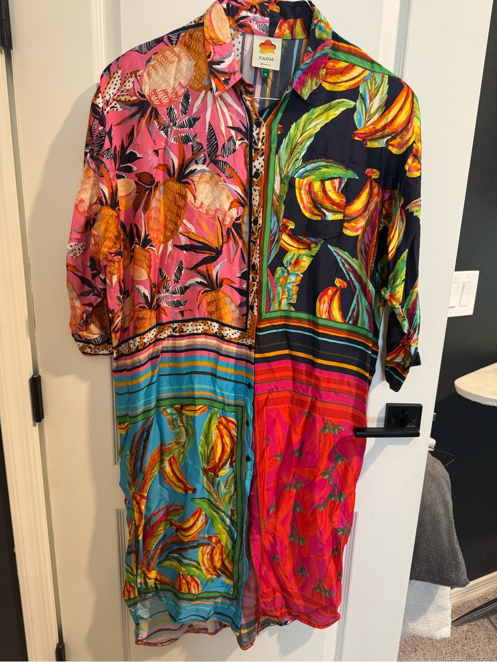 Farm Rio Mixed Scarf Tropical Patchwork Shirt Dress